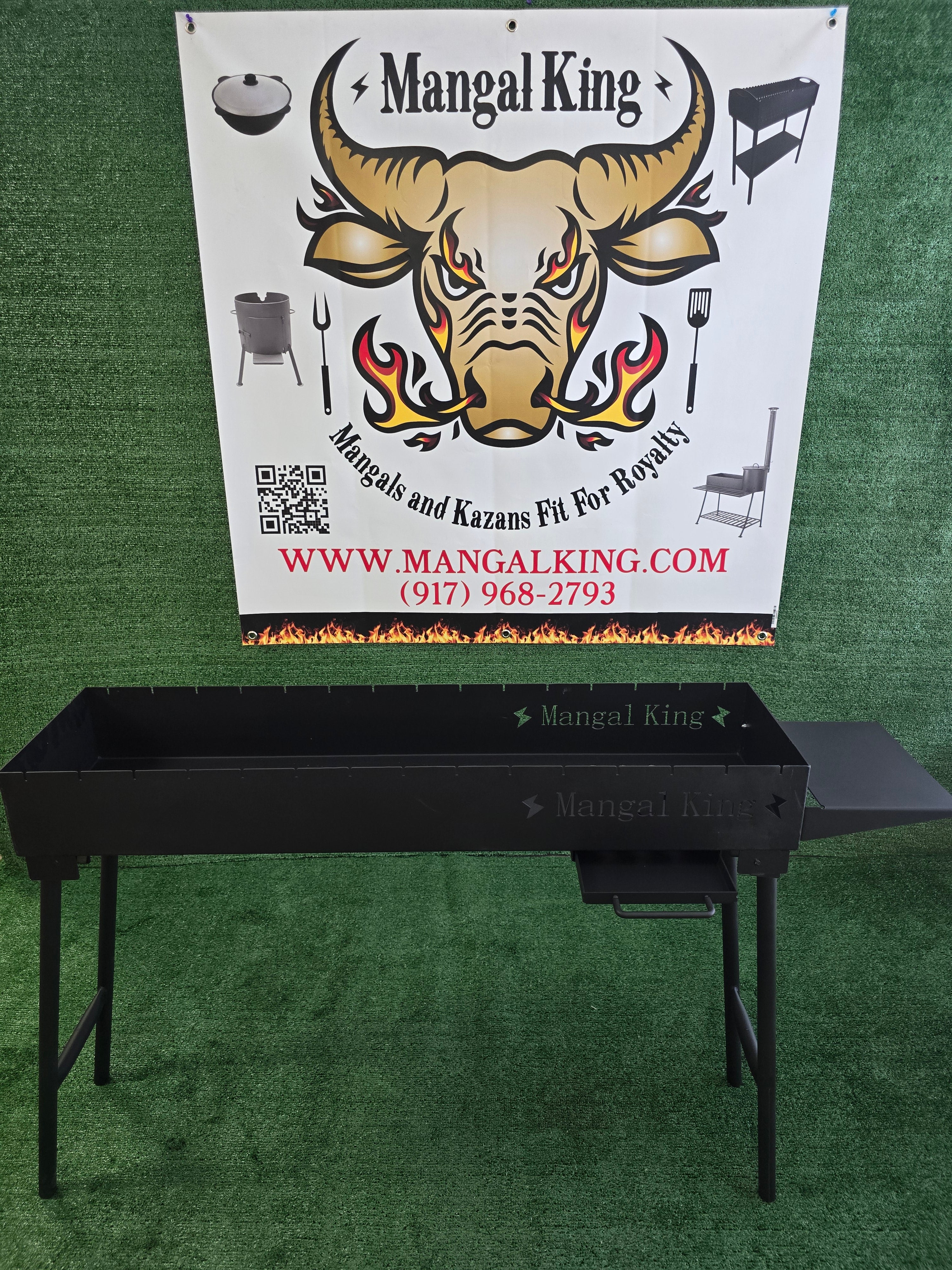 The Mangal King, Mangal portable charcoal grill with fold down legs 1 meter long with side shelf