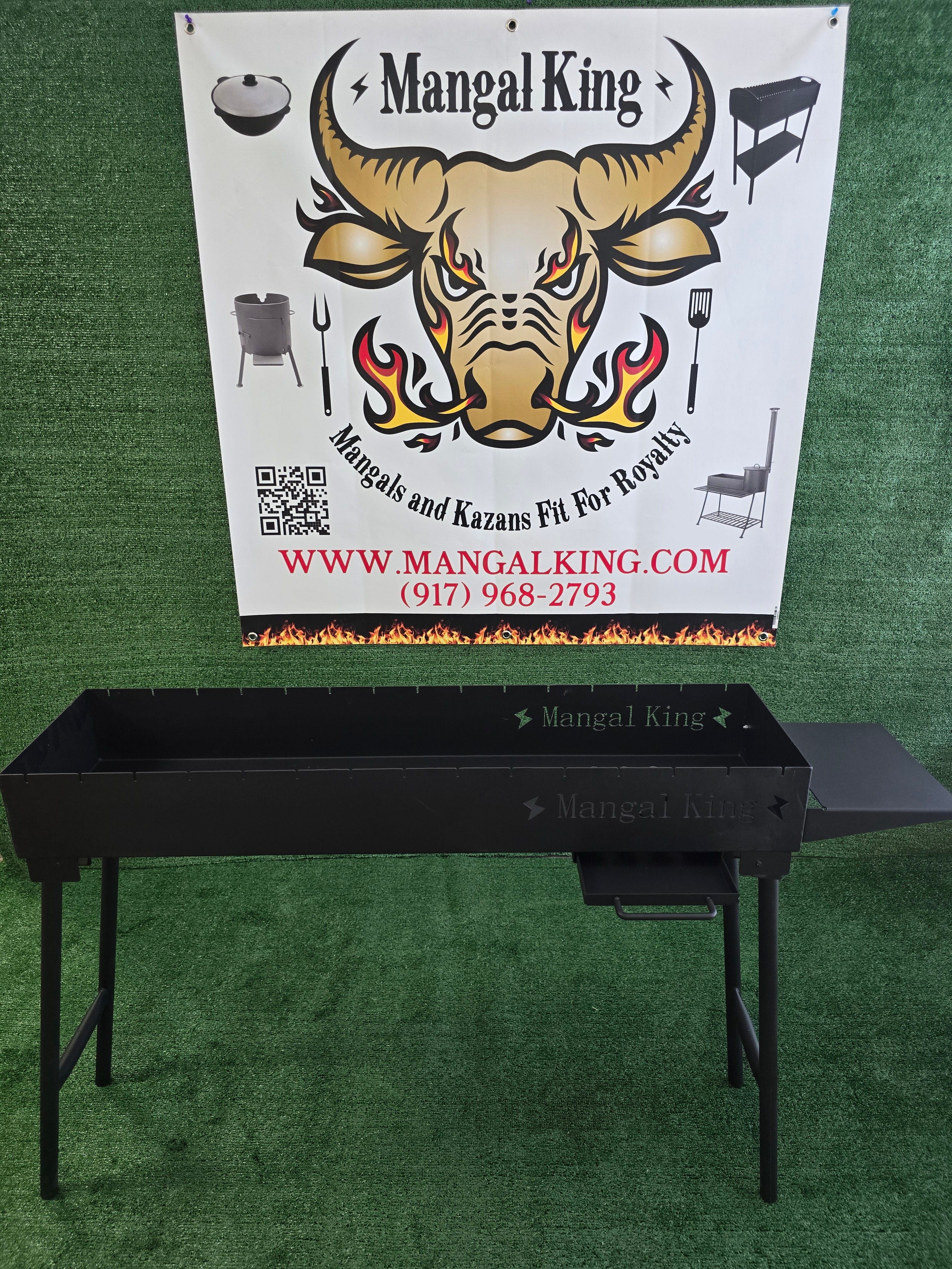 The Mangal King, Mangal portable charcoal grill with fold down legs 1 meter long with side shelf