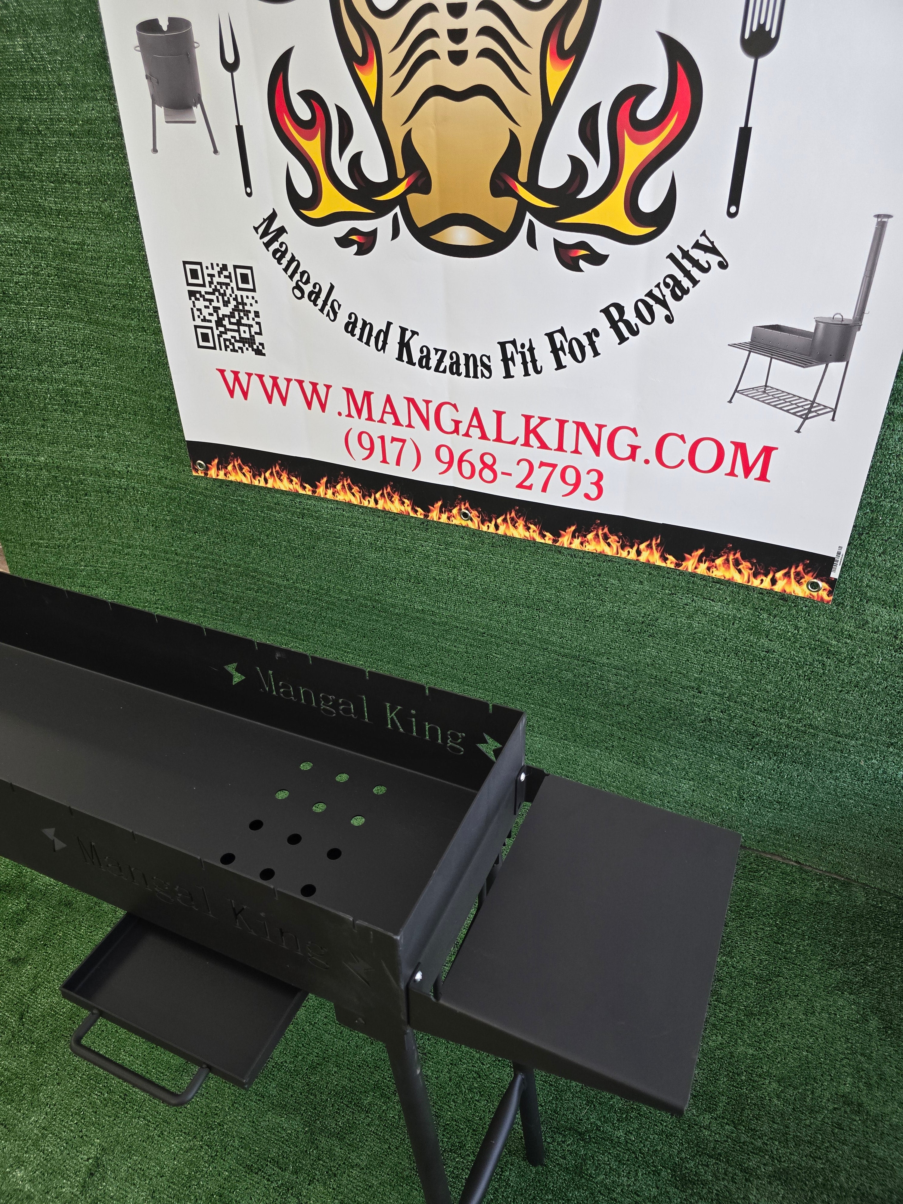 The Mangal King, Mangal portable charcoal grill with fold down legs 1 meter long with side shelf