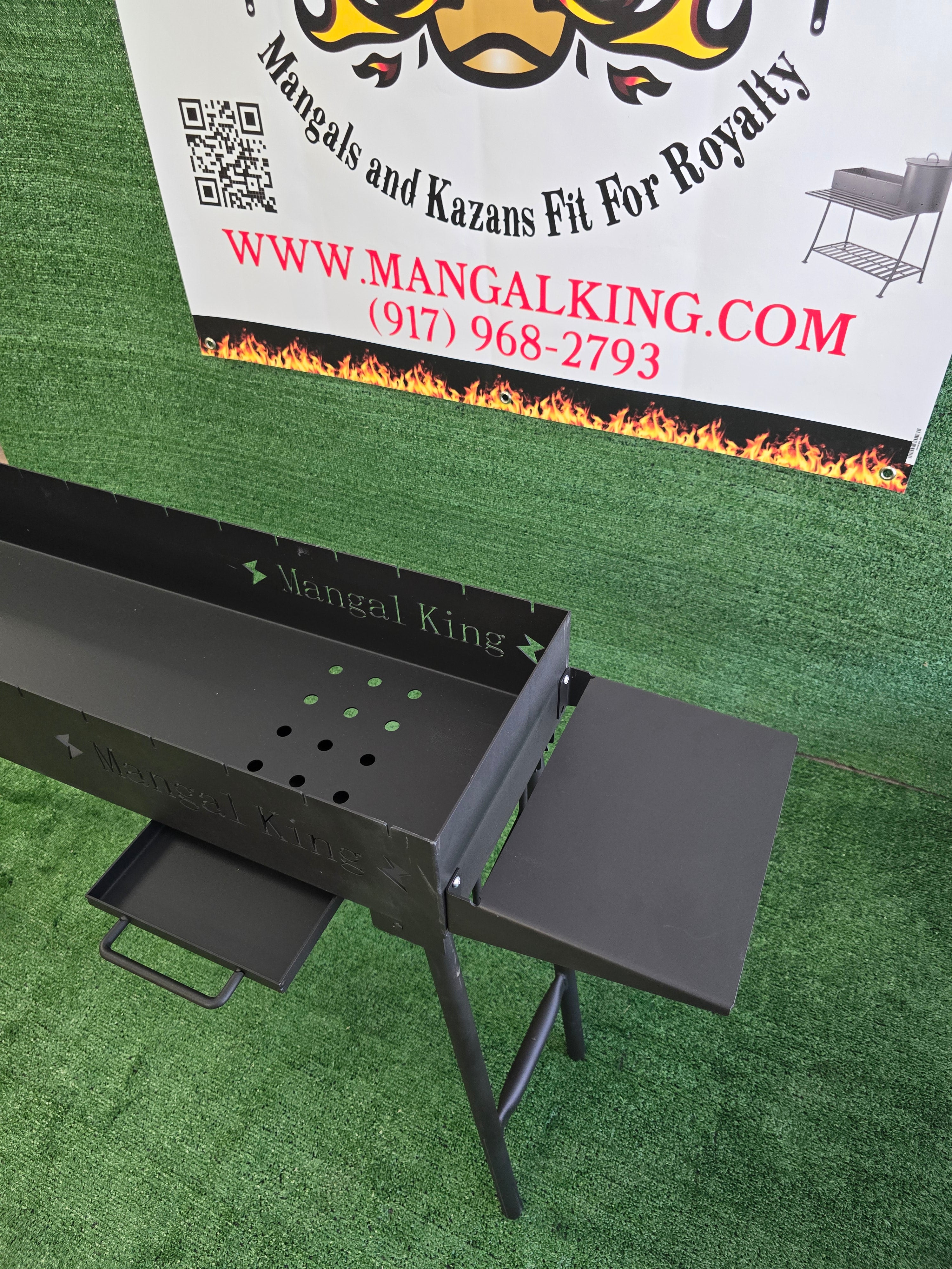 The Mangal King, Mangal portable charcoal grill with fold down legs 1 meter long with side shelf