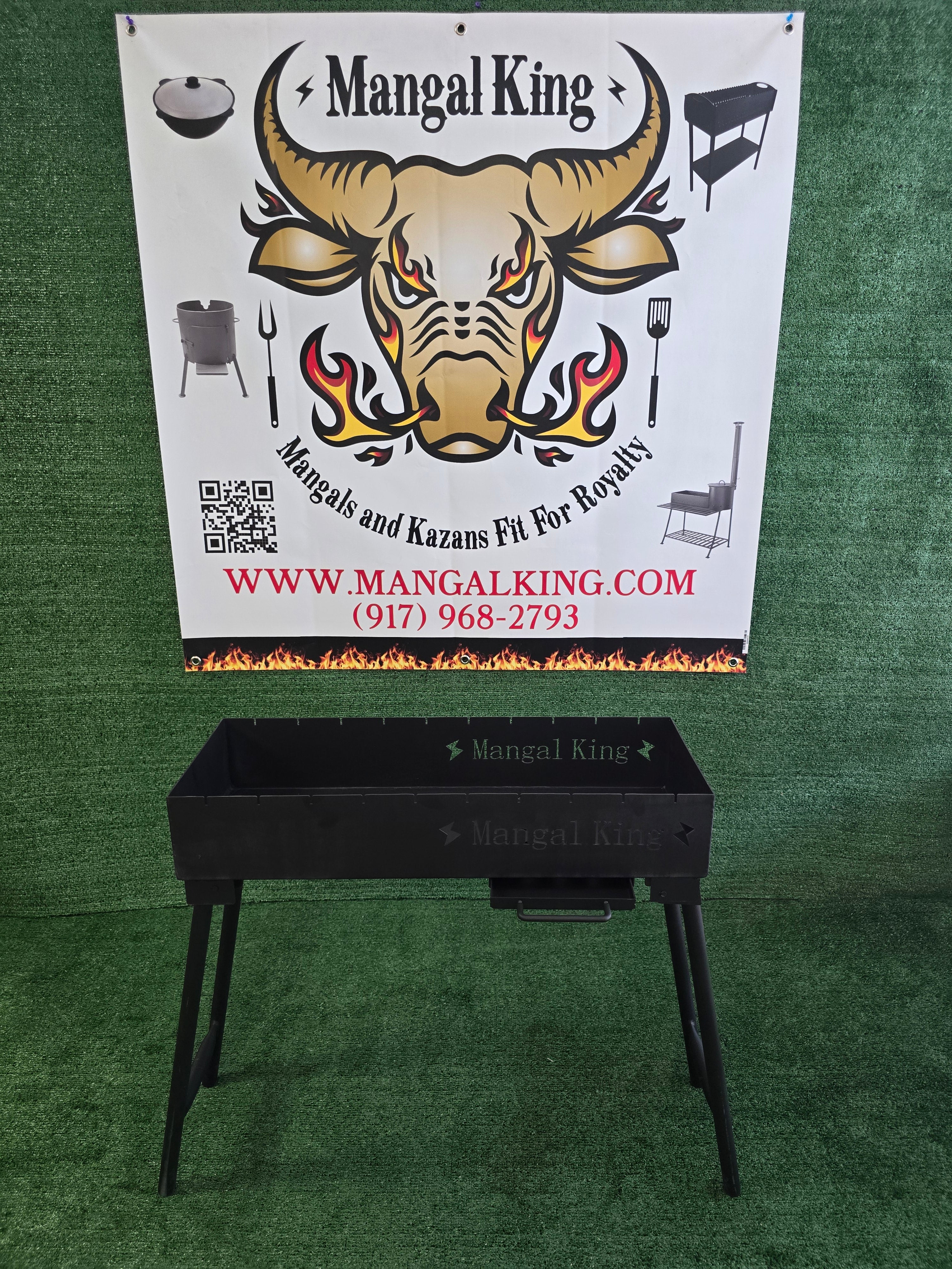 The Mangal King,  compact Mangal portable charcoal grill with fold down legs 27.5 inches long